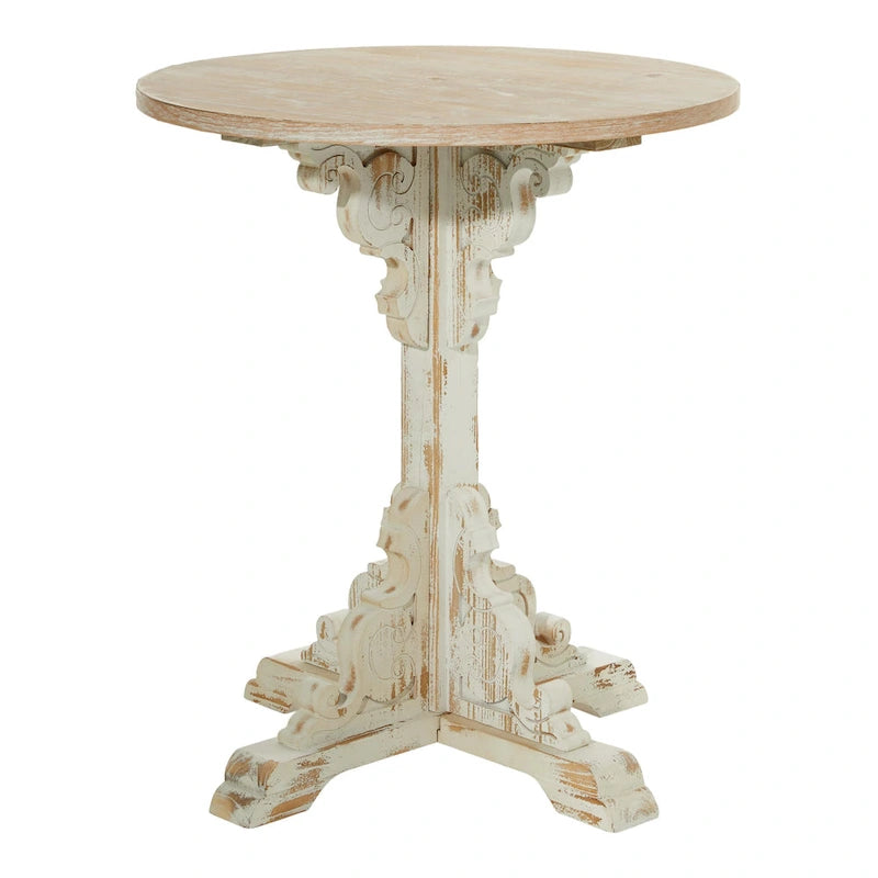 Mesa auxiliar redonda con acento de madera blanca y gris, base en X con detalles florales tallados, 1 persona