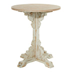 Mesa auxiliar redonda con acento de madera blanca y gris, base en X con detalles florales tallados, 1 persona