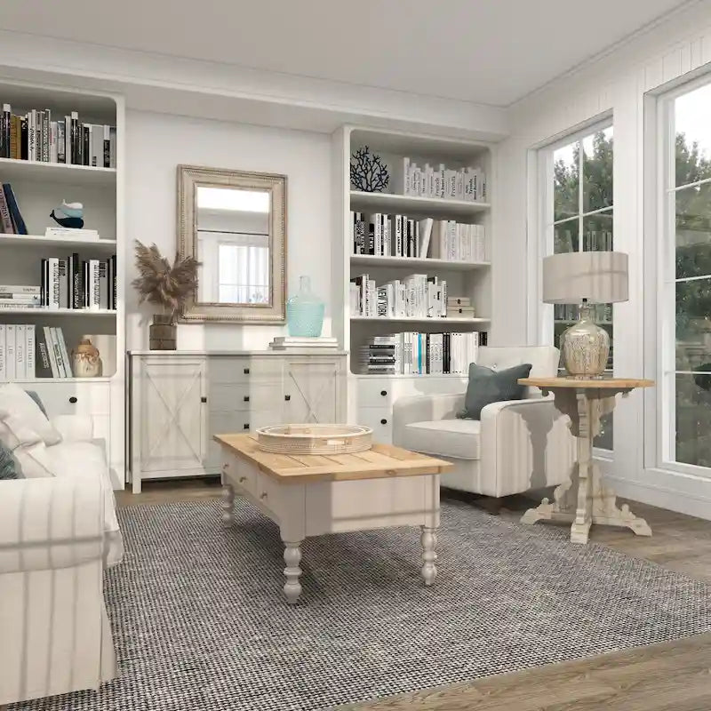 Mesa auxiliar redonda con acento de madera blanca y gris, base en X con detalles florales tallados, 1 persona