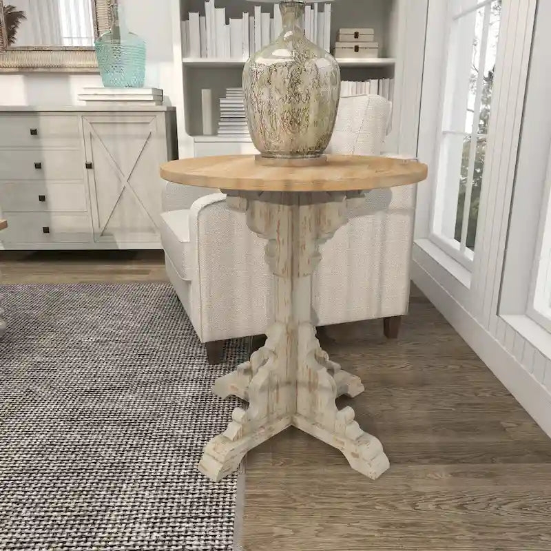 Mesa auxiliar redonda con acento de madera blanca y gris, base en X con detalles florales tallados, 1 persona