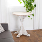 Mesa auxiliar redonda con acento de madera blanca y gris, base en X con detalles florales tallados, 1 persona