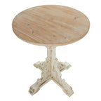 Mesa auxiliar redonda con acento de madera blanca y gris, base en X con detalles florales tallados, 1 persona