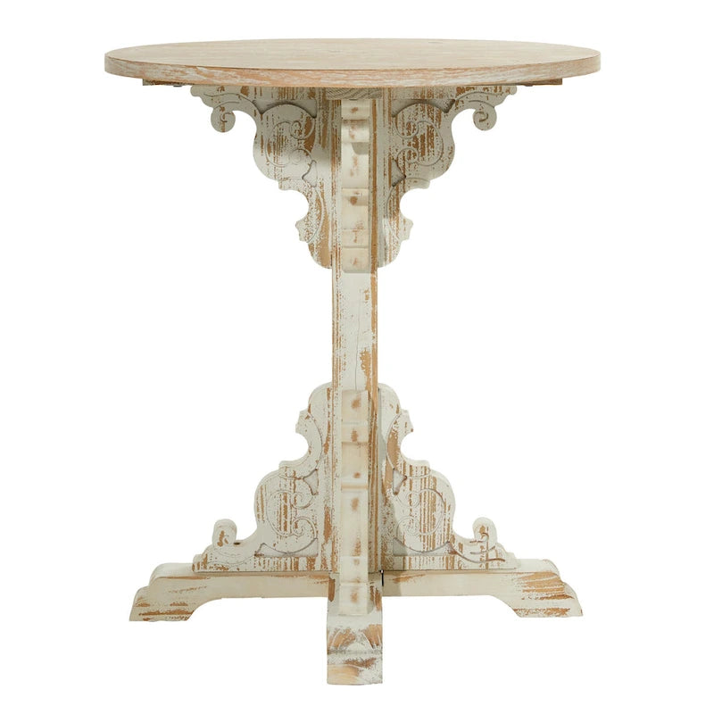 Mesa auxiliar redonda con acento de madera blanca y gris, base en X con detalles florales tallados, 1 persona