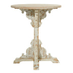 Mesa auxiliar redonda con acento de madera blanca y gris, base en X con detalles florales tallados, 1 persona