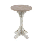 Mesa auxiliar redonda con acento de madera blanca y gris, base en X con detalles florales tallados, 1 persona