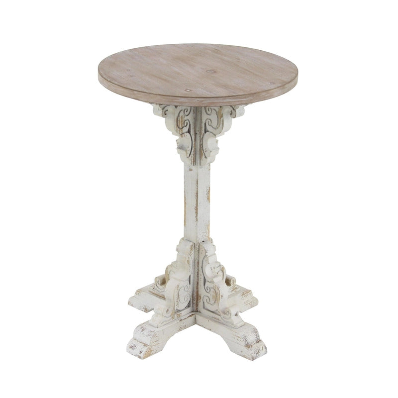 Mesa auxiliar redonda con acento de madera blanca y gris, base en X con detalles florales tallados, 1 persona