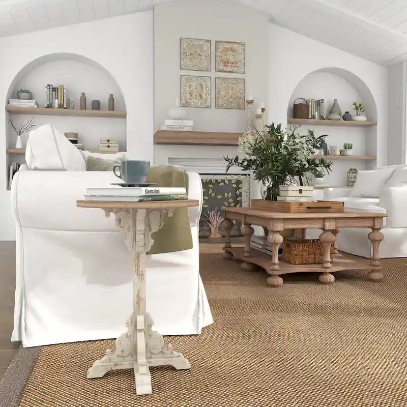 Mesa auxiliar redonda con acento de madera blanca y gris, base en X con detalles florales tallados, 1 persona