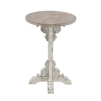 Mesa auxiliar redonda con acento de madera blanca y gris, base en X con detalles florales tallados, 1 persona