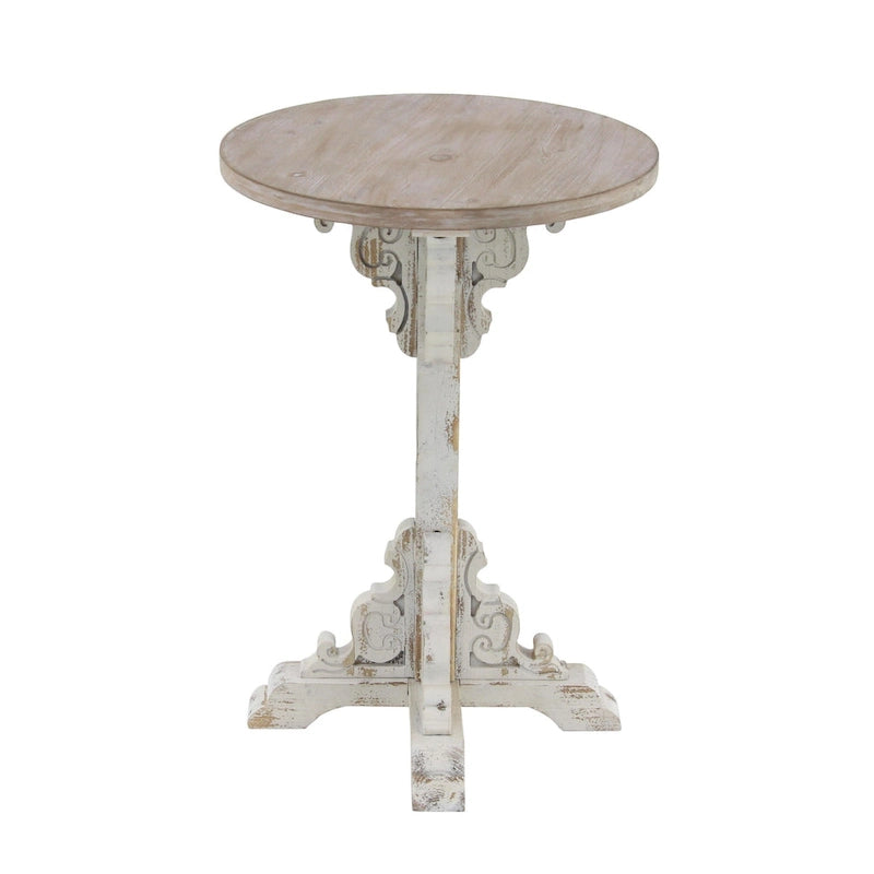 Mesa auxiliar redonda con acento de madera blanca y gris, base en X con detalles florales tallados, 1 persona