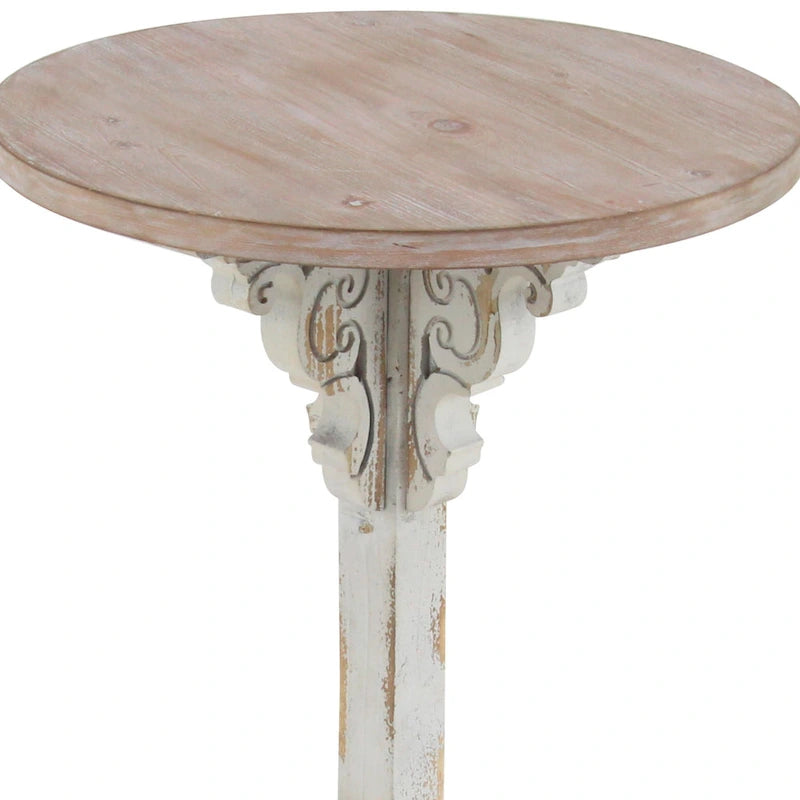 Mesa auxiliar redonda con acento de madera blanca y gris, base en X con detalles florales tallados, 1 persona