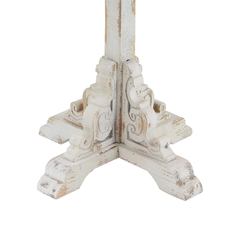 Mesa auxiliar redonda con acento de madera blanca y gris, base en X con detalles florales tallados, 1 persona
