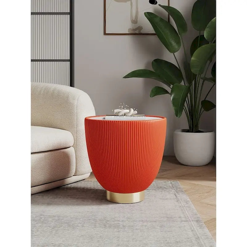 Mesa auxiliar tapizada redonda – Piel sintética plisada y base dorada, 4 colores, 1 persona
