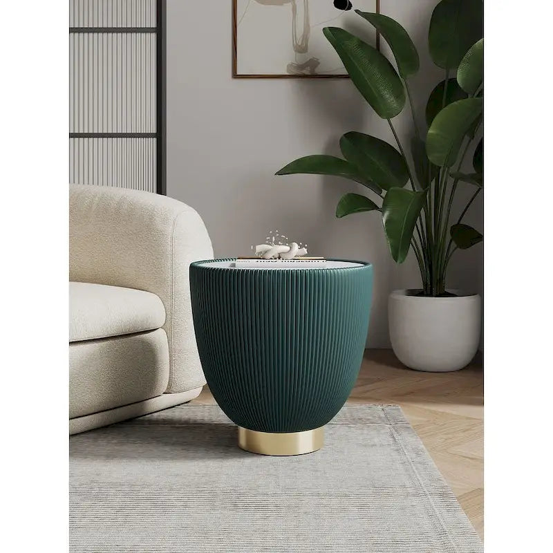Mesa auxiliar tapizada redonda – Piel sintética plisada y base dorada, 4 colores, 1 persona