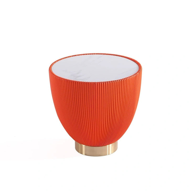Mesa auxiliar tapizada redonda – Piel sintética plisada y base dorada, 4 colores, 1 persona