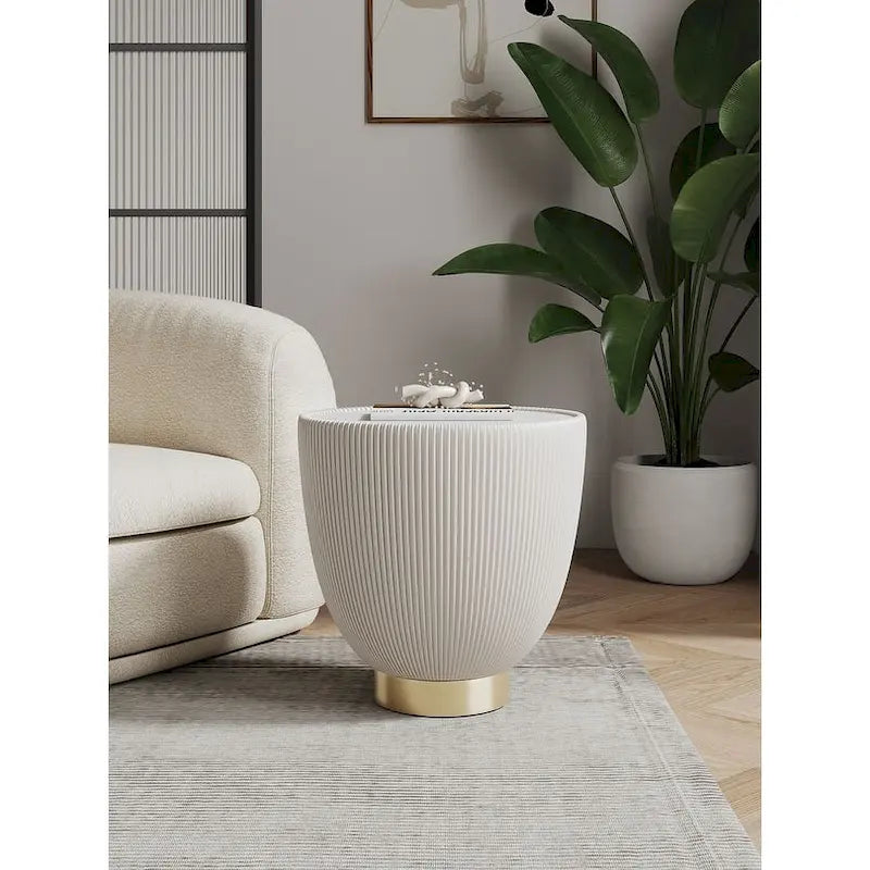 Mesa auxiliar tapizada redonda – Piel sintética plisada y base dorada, 4 colores, 1 persona