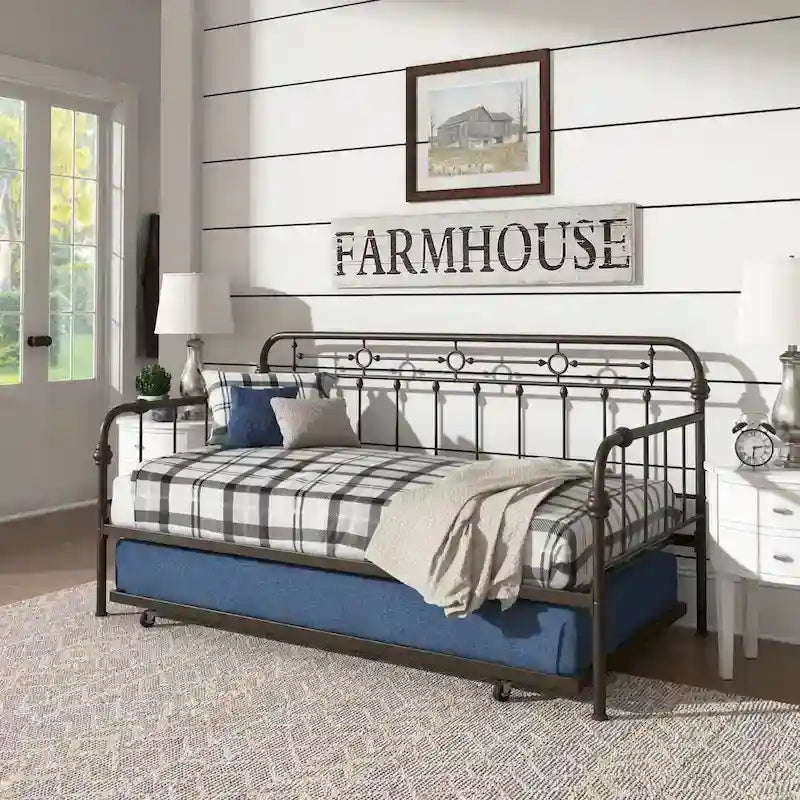 Cama de día antigua de metal bronce oscuro, estilo husillo, para 1 persona (cama nido opcional para 2)