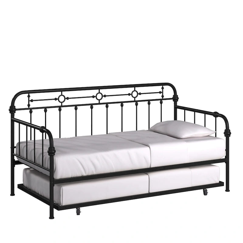 Cama de día antigua de metal bronce oscuro, estilo husillo, para 1 persona (cama nido opcional para 2)