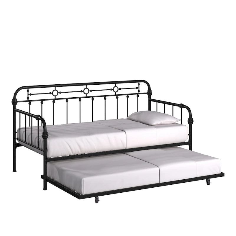 Cama de día antigua de metal bronce oscuro, estilo husillo, para 1 persona (cama nido opcional para 2)