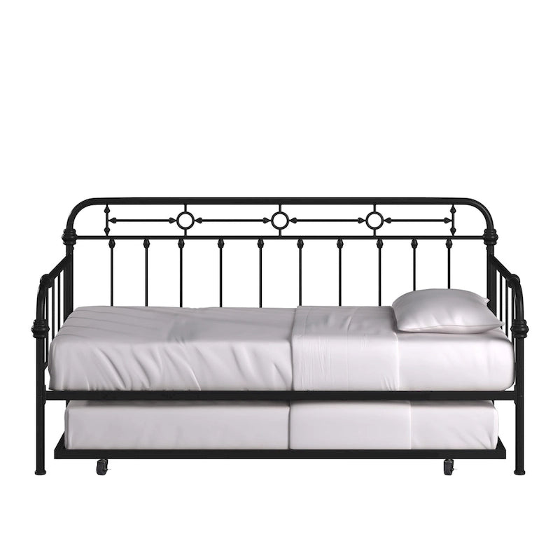 Cama de día antigua de metal bronce oscuro, estilo husillo, para 1 persona (cama nido opcional para 2)