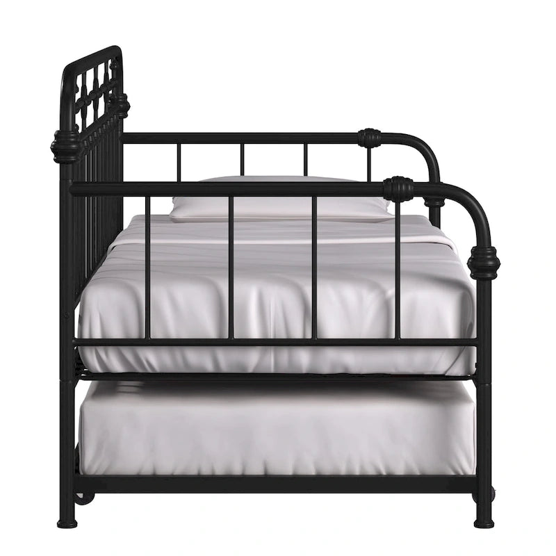 Cama de día antigua de metal bronce oscuro, estilo husillo, para 1 persona (cama nido opcional para 2)