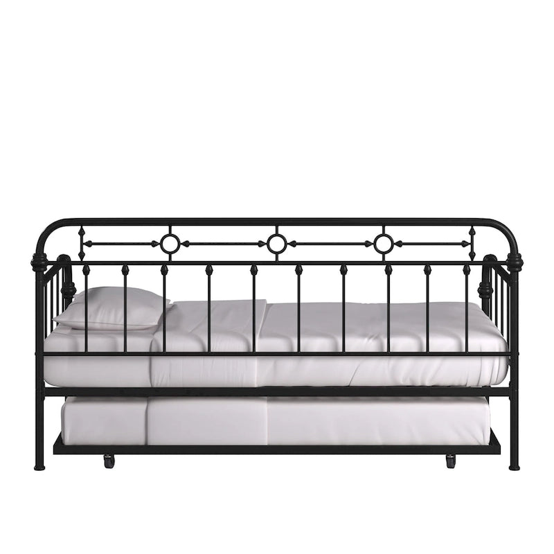 Cama de día antigua de metal bronce oscuro, estilo husillo, para 1 persona (cama nido opcional para 2)