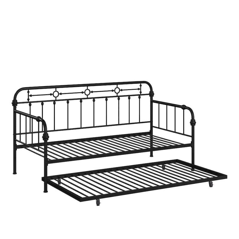 Cama de día antigua de metal bronce oscuro, estilo husillo, para 1 persona (cama nido opcional para 2)