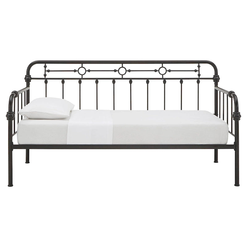 Cama de día antigua de metal bronce oscuro, estilo husillo, para 1 persona (cama nido opcional para 2)