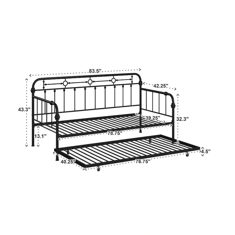 Cama de día antigua de metal bronce oscuro, estilo husillo, para 1 persona (cama nido opcional para 2)