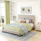 Armazón de cama tapizado copetudo beige/gris, individual