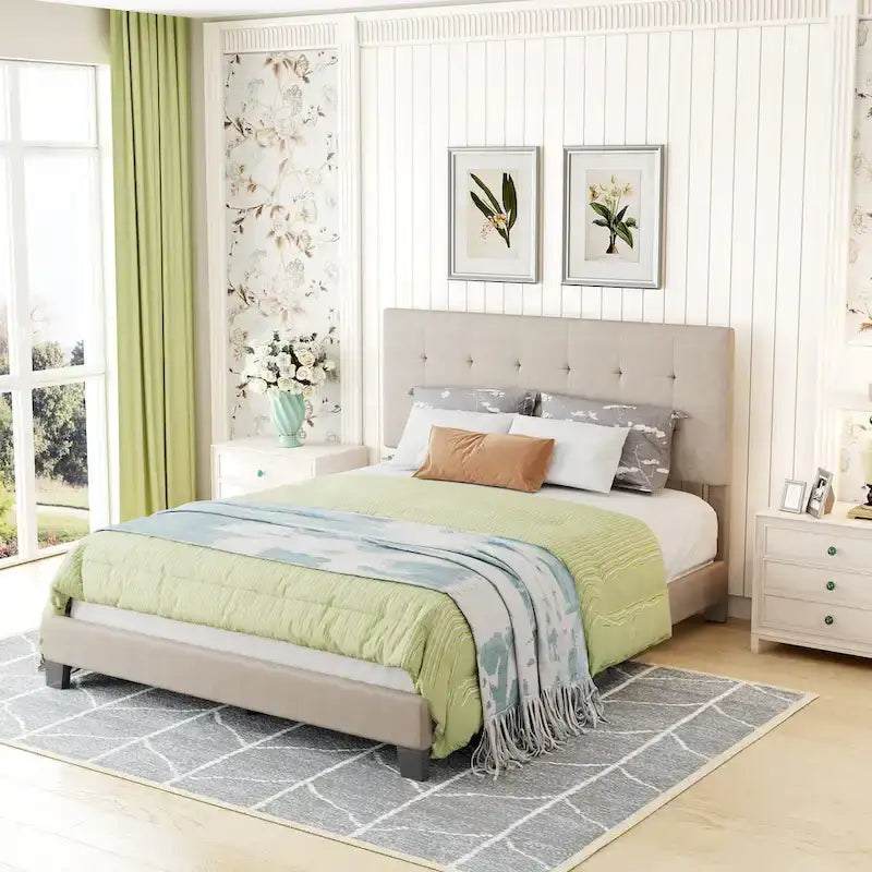 Armazón de cama tapizado copetudo beige/gris, individual