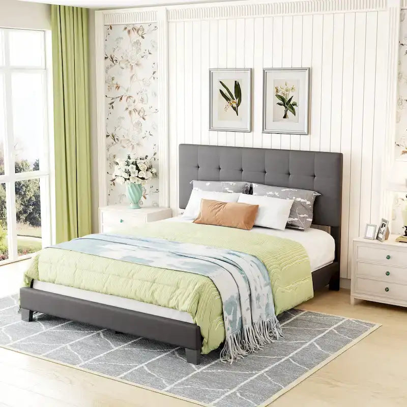 Armazón de cama tapizado copetudo beige/gris, individual