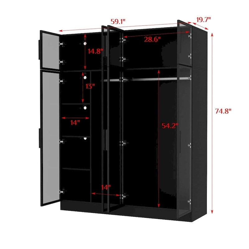 Armario ropero negro con puerta corredera de cristal y tira de luces LED, 1 persona