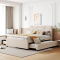 Cama de plataforma matrimonial color beige/gris con cama nido individual y 2 cajones, capacidad para 2