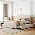 Cama de plataforma matrimonial color beige/gris con cama nido individual y 2 cajones, capacidad para 2