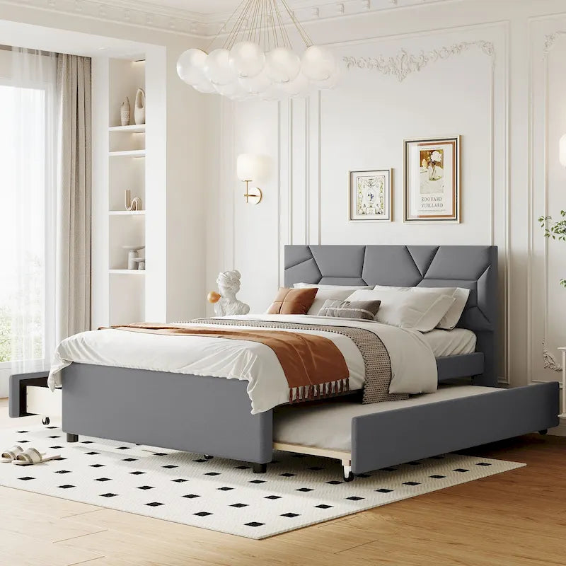 Cama de plataforma matrimonial color beige/gris con cama nido individual y 2 cajones, capacidad para 2