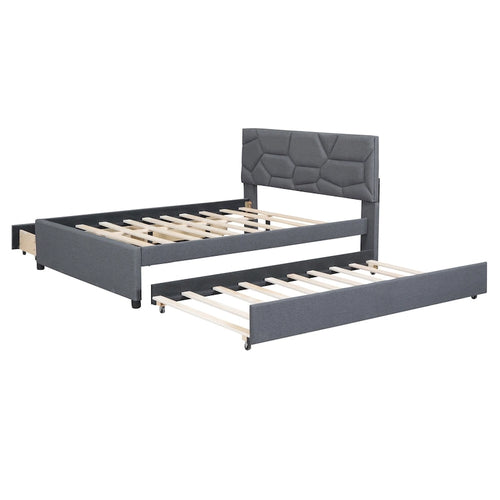 Cama de plataforma matrimonial color beige/gris con cama nido individual y 2 cajones, capacidad para 2