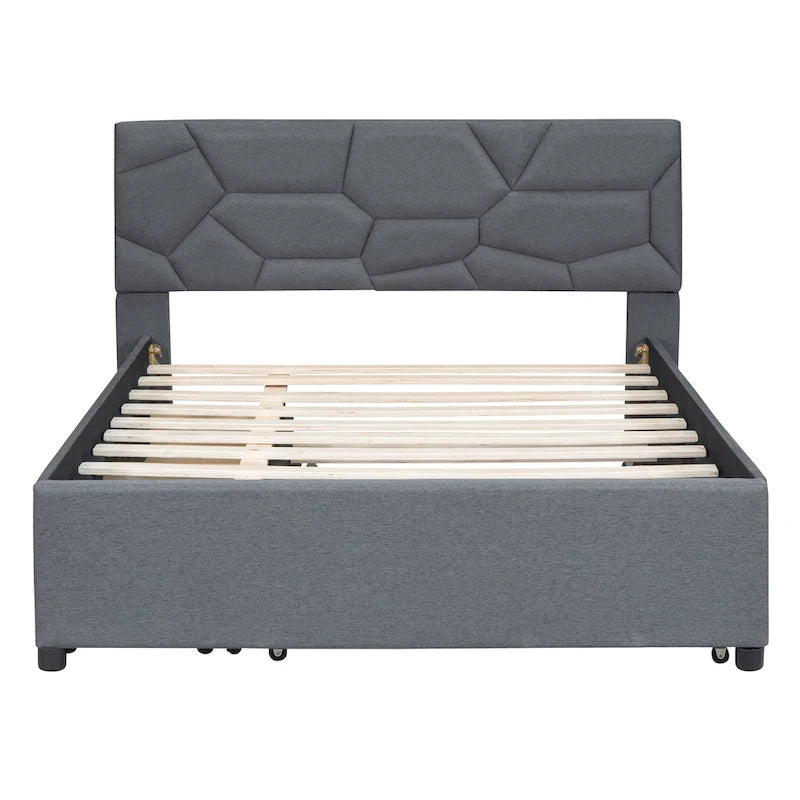 Cama de plataforma matrimonial color beige/gris con cama nido individual y 2 cajones, capacidad para 2