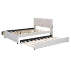 Cama de plataforma matrimonial color beige/gris con cama nido individual y 2 cajones, capacidad para 2