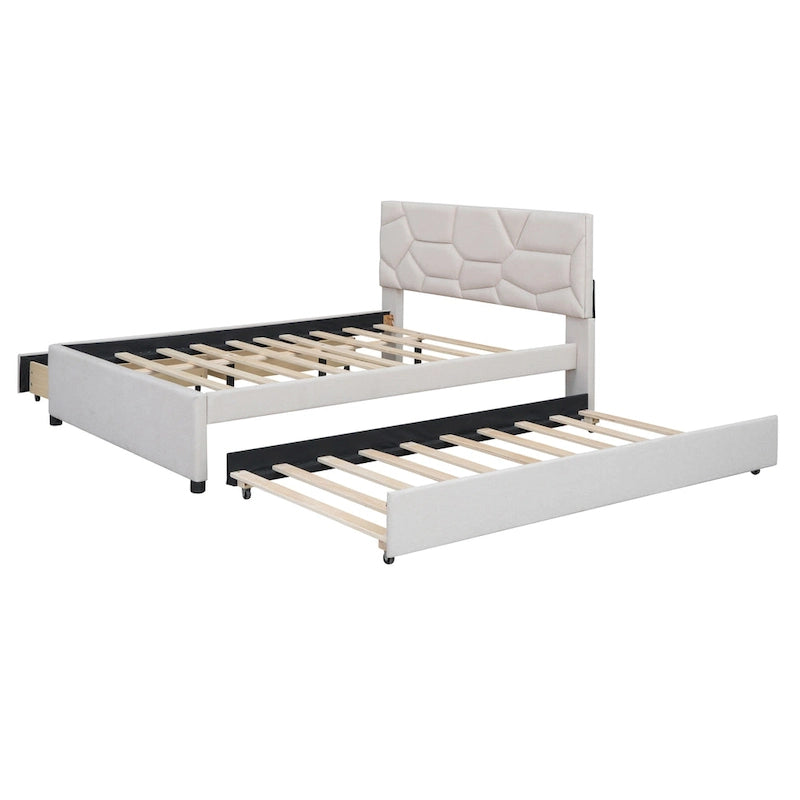 Cama de plataforma matrimonial color beige/gris con cama nido individual y 2 cajones, capacidad para 2