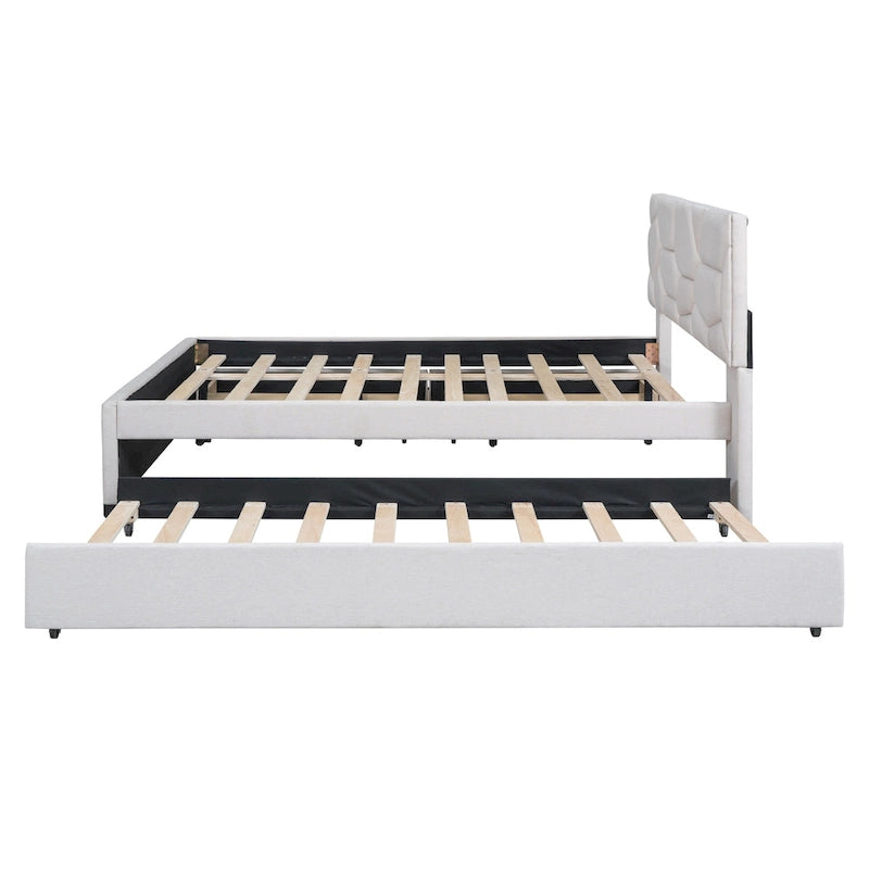 Cama de plataforma matrimonial color beige/gris con cama nido individual y 2 cajones, capacidad para 2