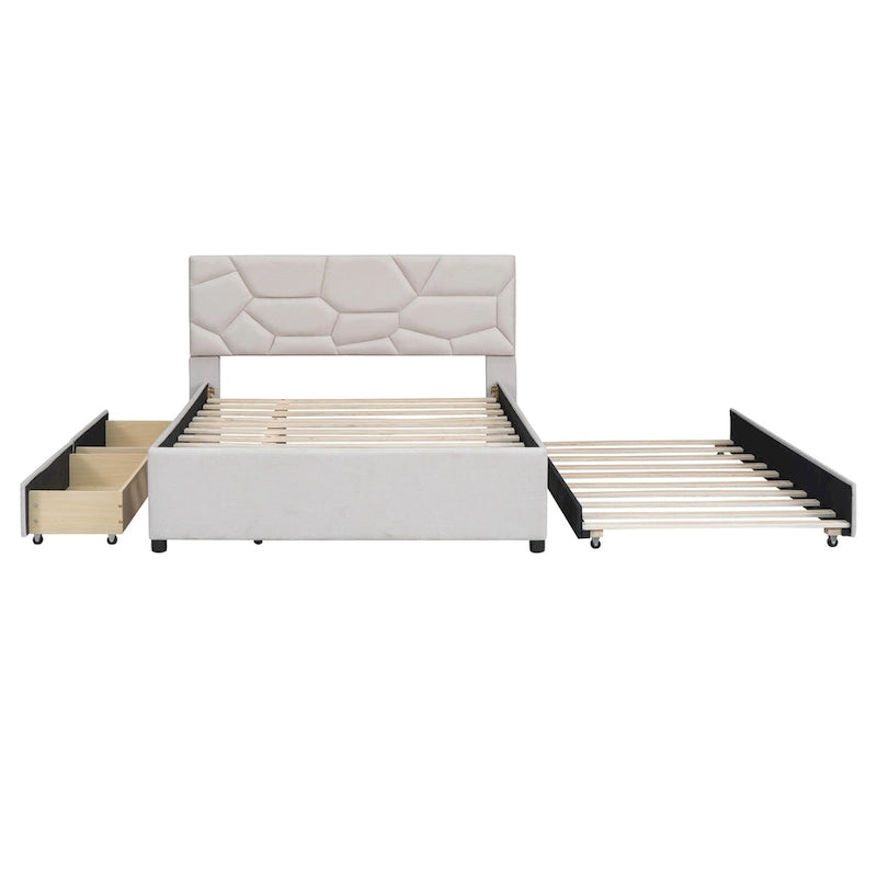 Cama de plataforma matrimonial color beige/gris con cama nido individual y 2 cajones, capacidad para 2