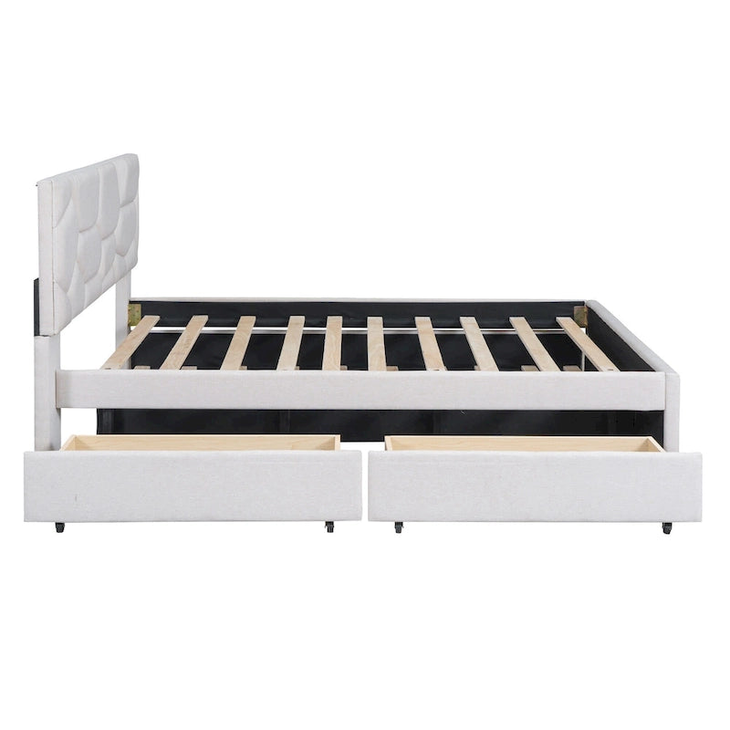 Cama de plataforma matrimonial color beige/gris con cama nido individual y 2 cajones, capacidad para 2