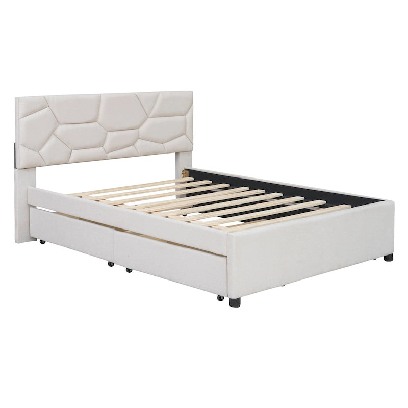 Cama de plataforma matrimonial color beige/gris con cama nido individual y 2 cajones, capacidad para 2