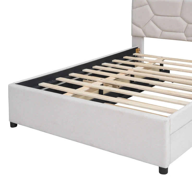 Cama de plataforma matrimonial color beige/gris con cama nido individual y 2 cajones, capacidad para 2