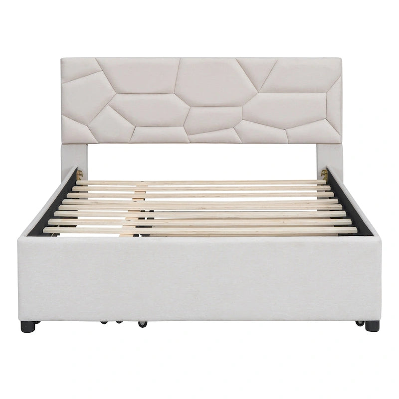 Cama de plataforma matrimonial color beige/gris con cama nido individual y 2 cajones, capacidad para 2