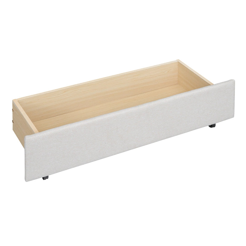 Cama de plataforma matrimonial color beige/gris con cama nido individual y 2 cajones, capacidad para 2