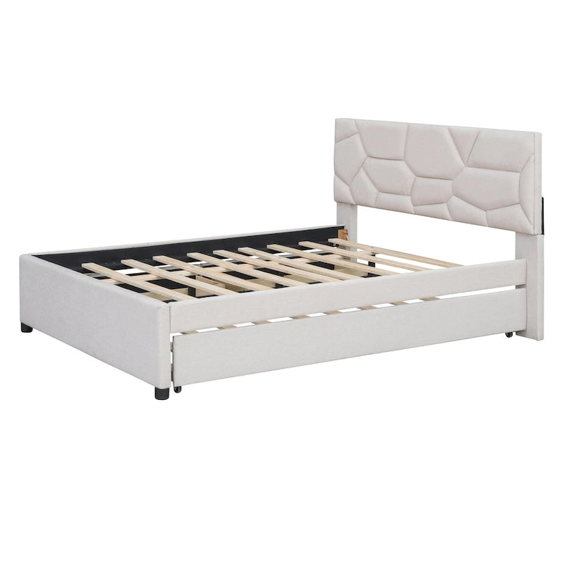Cama de plataforma matrimonial color beige/gris con cama nido individual y 2 cajones, capacidad para 2