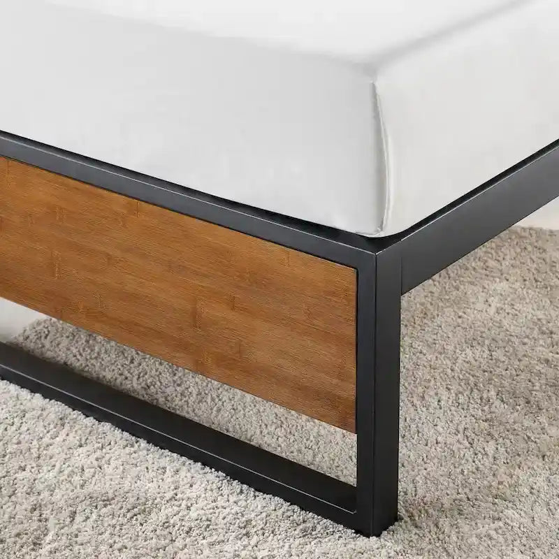 Base de cama de plataforma de acero negro y bambú, 35,5 cm de altura – Individual/Matrimonial/Queen/King, para 1-2 personas