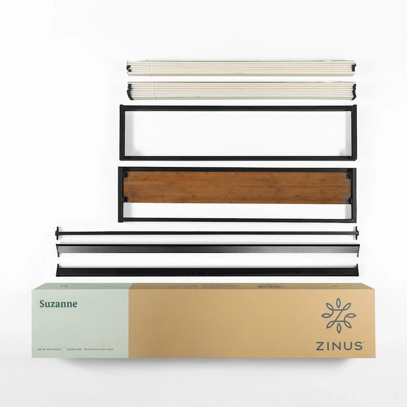 Base de cama de plataforma de acero negro y bambú, 35,5 cm de altura – Individual/Matrimonial/Queen/King, para 1-2 personas