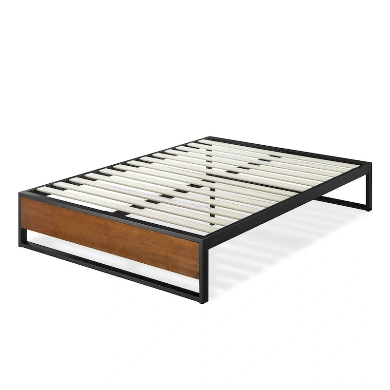 Base de cama de plataforma de acero negro y bambú, 35,5 cm de altura – Individual/Matrimonial/Queen/King, para 1-2 personas